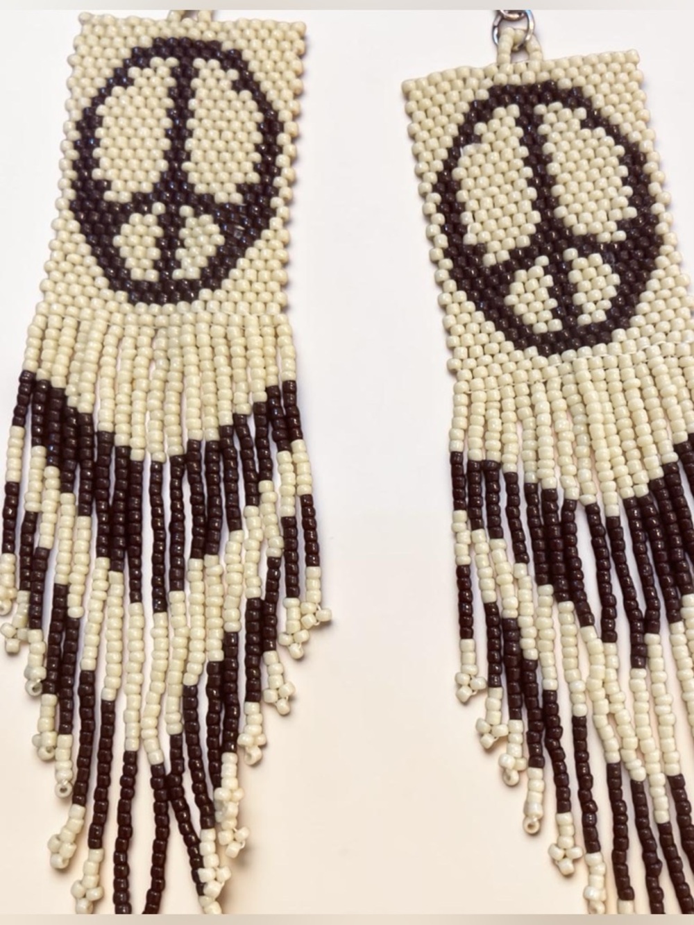 Beaded Peace Sign Fringe Earrings - Cream & Dark Brown